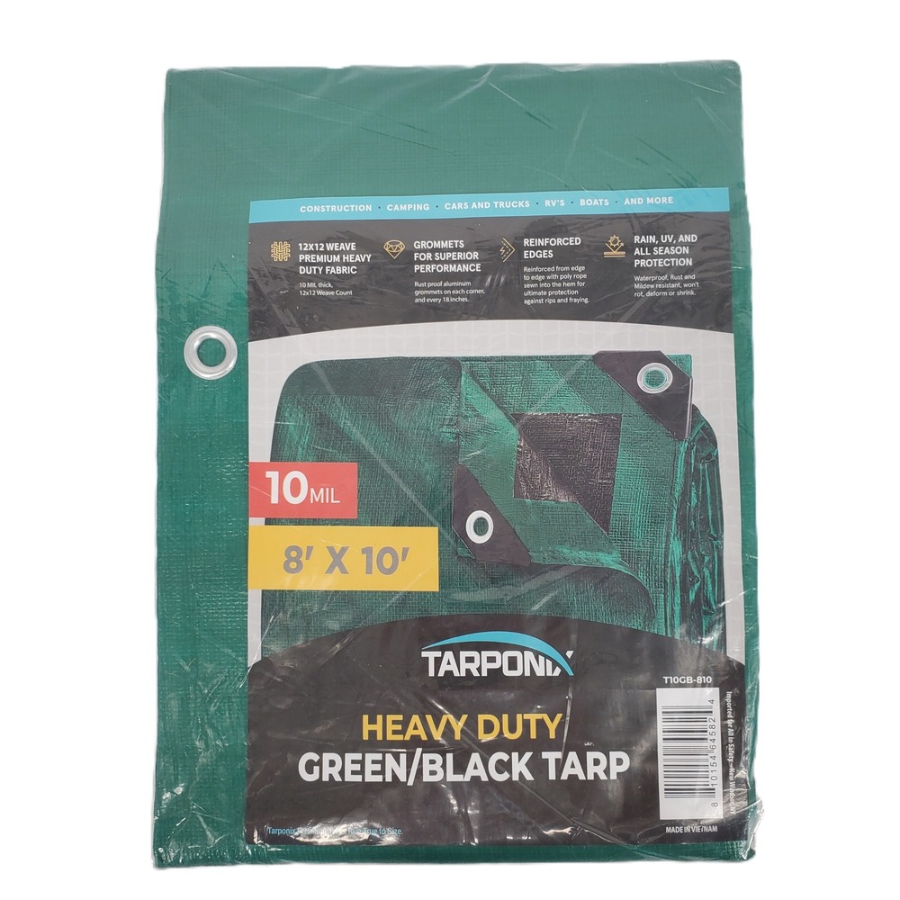 Tarponix Heavy Duty Green Black Tarp 8x10 10 MIL Reinforced Grommets T10GB-810